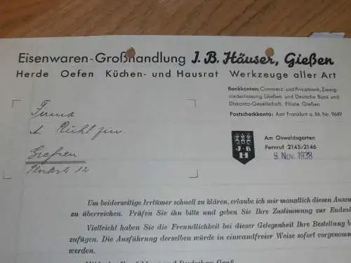 Eisenwaren - Großhandel - J.B. Häuser in Gießen , 1938 , altes Dokument / Rechnung , Reklame / Werbung , Giessen !!