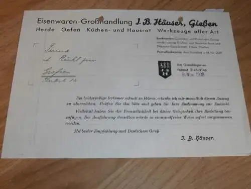 Eisenwaren - Großhandel - J.B. Häuser in Gießen , 1938 , altes Dokument / Rechnung , Reklame / Werbung , Giessen !!