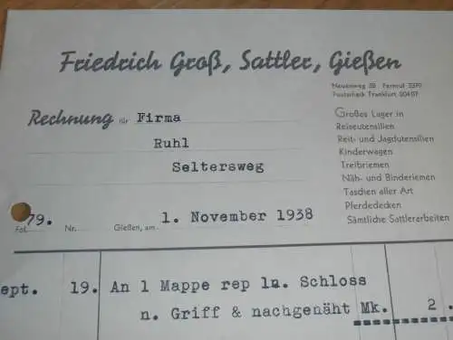 Sattler - Friedrich Groß in Gießen , 1938 , altes Dokument / Rechnung , Reklame / Werbung , Giessen !!