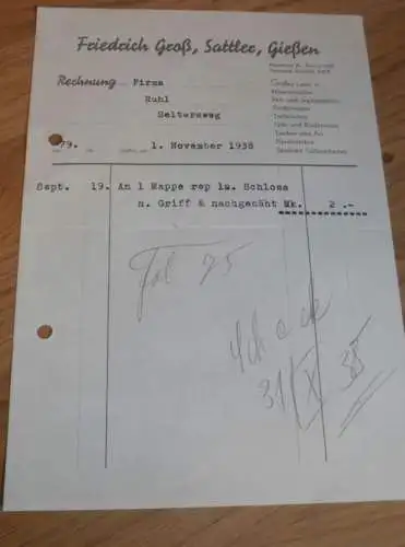 Sattler - Friedrich Groß in Gießen , 1938 , altes Dokument / Rechnung , Reklame / Werbung , Giessen !!