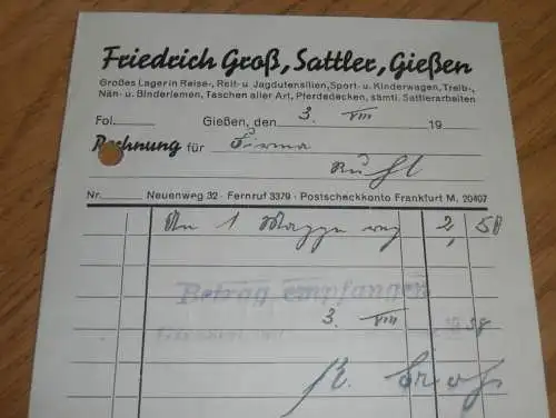 Sattler - Friedrich Groß in Gießen , 1938 , altes Dokument / Rechnung , Reklame / Werbung , Giessen !!