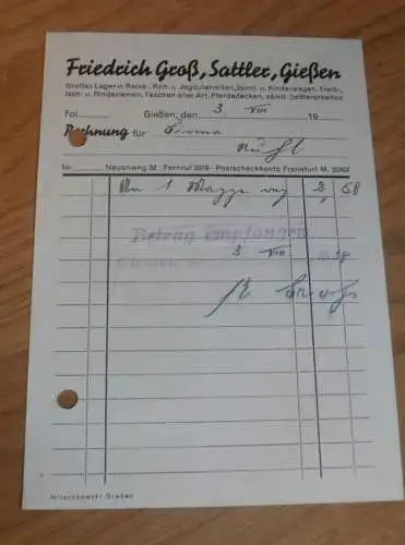 Sattler - Friedrich Groß in Gießen , 1938 , altes Dokument / Rechnung , Reklame / Werbung , Giessen !!