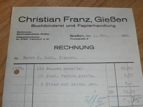 Buchbinderei - Christian Franz in Gießen , 1938 , altes Dokument / Rechnung , Reklame / Werbung , Giessen !!