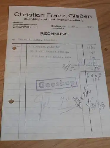 Buchbinderei - Christian Franz in Gießen , 1938 , altes Dokument / Rechnung , Reklame / Werbung , Giessen !!