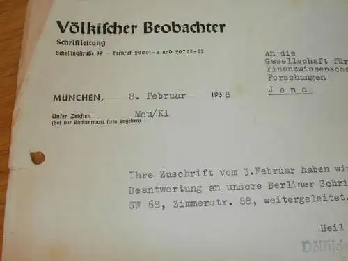 Völkischer Beobachter - Forschung Jena , 1938 , München , altes Dokument !!