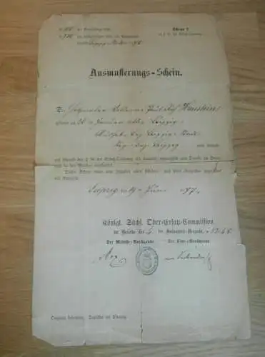 Königl. Sächsische Ober-Ersatz-Commision , 1877 , Paul Haustein in Leipzig - Ausmusterungs-Schein , Militär  Dokument !!