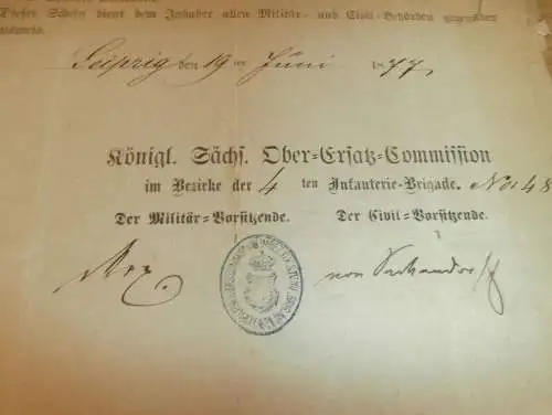 Königl. Sächsische Ober-Ersatz-Commision , 1877 , Paul Haustein in Leipzig - Ausmusterungs-Schein , Militär  Dokument !!
