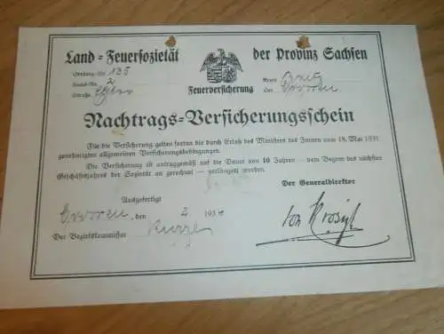 Land-Feuersozietät der Provinz Sachsen in Crossen a. Elster , 1934 , alte Rechnung / Dokument !!