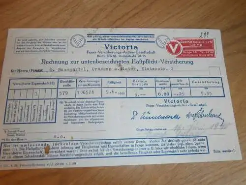 Victoria Versicherung - O. Baumgärtel in Crossen a.d. Elster , 1940 , alte Rechnung / Dokument !