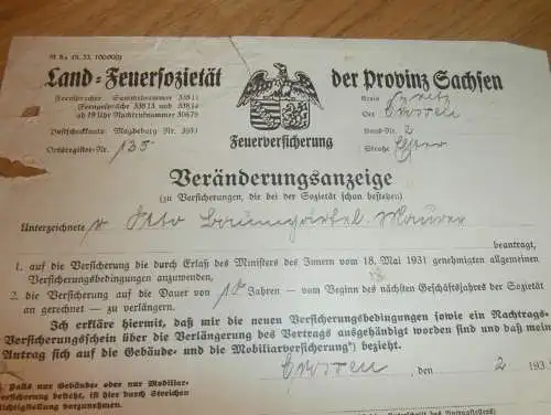 Land-Feuersozietät der Provinz Sachsen in Crossen , 1934  , alte Rechnung / Dokument !!