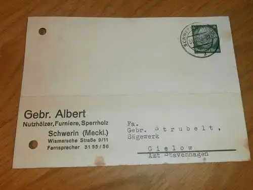 alte Postkarte - Holzhandel Gebr. Albert in Schwerin i. Mecklenburg , 1939 , Reklame / Werbung , Drucksache , Dokument