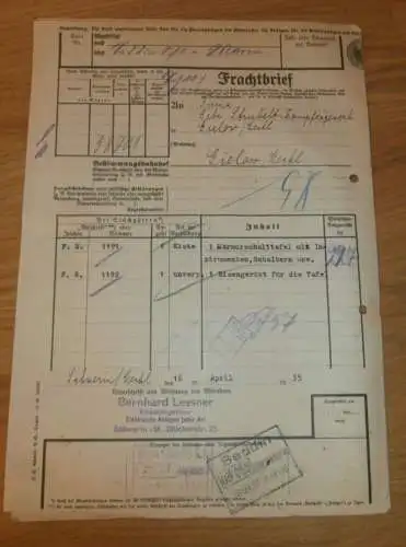 alter Frachtbrief - Elektrische Ankagen- Bernhard Lessner in Schwerin i. Mecklenburg , 1935 , Eisenbahn , altes Dokument