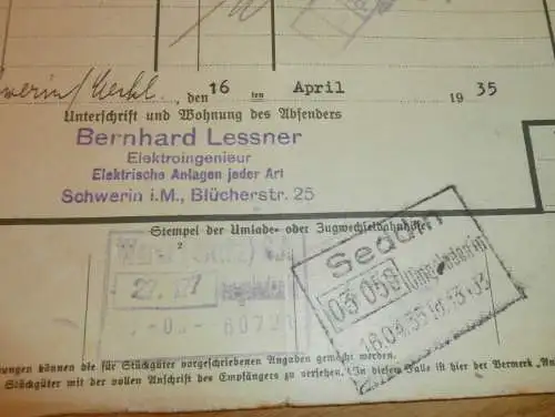alter Frachtbrief - Elektrische Ankagen- Bernhard Lessner in Schwerin i. Mecklenburg , 1935 , Eisenbahn , altes Dokument