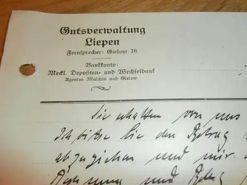 Gutsverwaltung Liepen , 1934 , Mecklenburg , Post Gielow , Bahnstation Basedow , altes Dokument !!