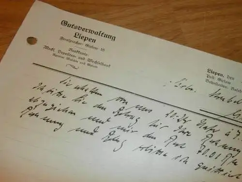 Gutsverwaltung Liepen , 1934 , Mecklenburg , Post Gielow , Bahnstation Basedow , altes Dokument !!