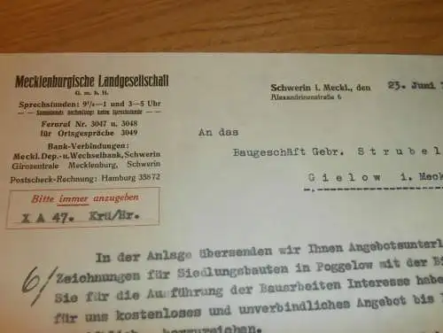 Mecklenburgische Landgesellschaft GmbH in Schwerin , 1933 , Siedlungsbau Poggelow , Mecklenburg , Schwasdorf Dokument !!