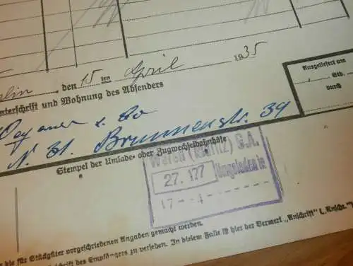 alter Frachtbrief - Waren / Müritz i. Mecklenburg , 1935 , Stettin , Berlin , Eisenbahn , altes Dokument !!