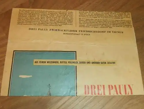 Friedrichsdorfer Zwieback , ca. 1925 ,alte Reklame-Tüte , Friedrichsdorf i. Taunus Werbung , Drei Pauly , Zwiebackfabrik