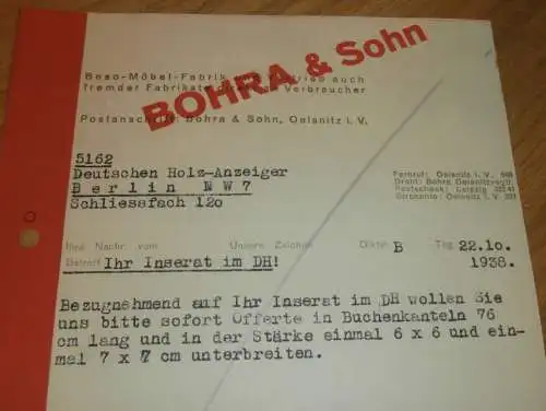 BESO - Möbelfabrik - Bohra & Sohn in Oelsnitz i.V. , 1938 , altes Dokument !!!