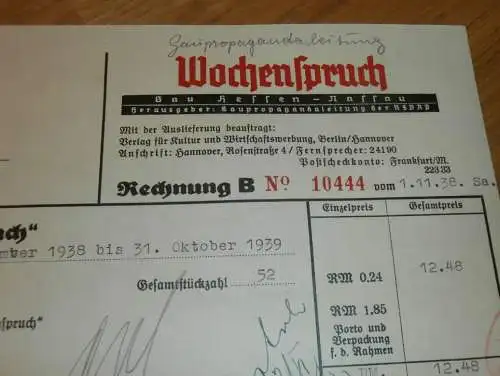 Wochenspruch - Gau Hessen-Nassau , 1938 , Reklame , Werbung , altes Dokument !!