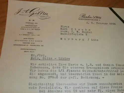 Liköre - J.A. Gilka in Berlin , 1935 , Kräuterlikör , Likör , altes Dokument !!