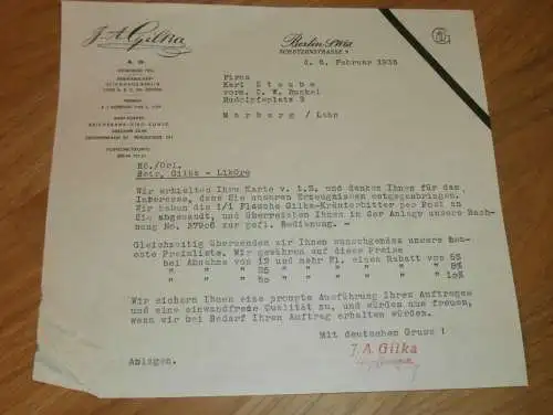 Liköre - J.A. Gilka in Berlin , 1935 , Kräuterlikör , Likör , altes Dokument !!
