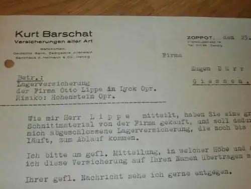Versicherungen aller Art - Kurt Barschat in Zoppot / Sopot in Pommern , 1938 , Reklame / Werbung !!