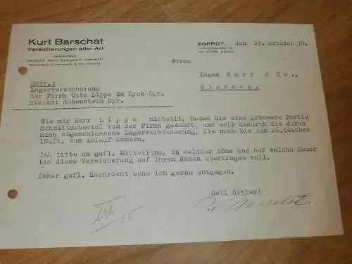 Versicherungen aller Art - Kurt Barschat in Zoppot / Sopot in Pommern , 1938 , Reklame / Werbung !!