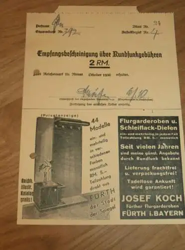 Rundfunkgebühren , 1936 , Josef Koch in Fürth i. Bayern , Spiegel , altes Dokument , Reklame / Werbung !!
