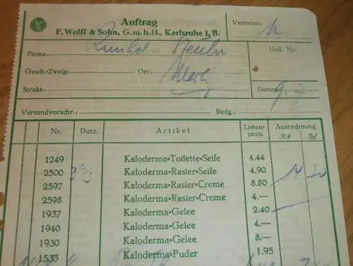Kaloderma - Seife , 1935 , F. Wolff & Sohn in Karlsruhe i.B.,  altes Dokument !!
