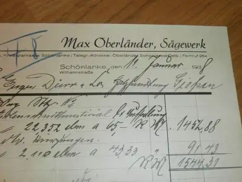 Sägewerk - Max Oberländer in Schönlanke / Trzcianka , 1938 , altes Dokument !!