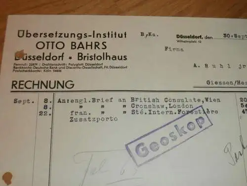 Übersetzung-Institut , Otto Bahrs in Düsseldorf , 1938 , Bristolhaus , altes Dokument !!