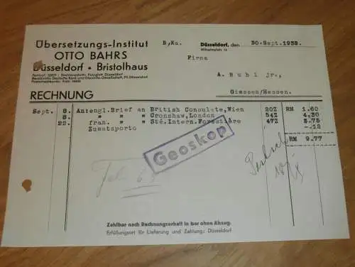 Übersetzung-Institut , Otto Bahrs in Düsseldorf , 1938 , Bristolhaus , altes Dokument !!