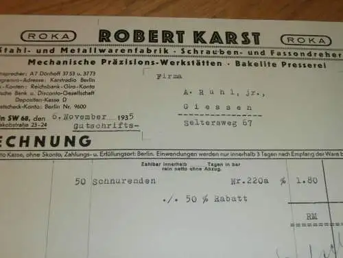 Stahl- und Metallwarenfabrik - Robert Karst in Berlin , 1935 , Bakelit , altes Dokument !!!