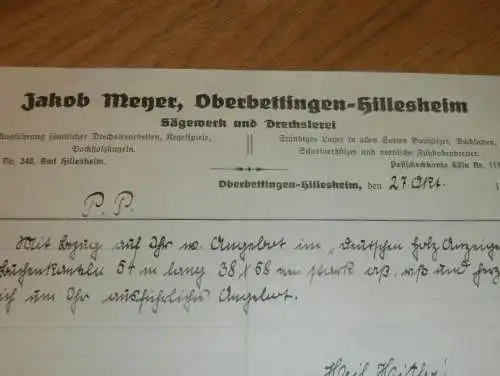 Sägewerk und Drechslerei - Jakob Meyer in Oberbettingen - Hillesheim , 1938 , Reklame , altes Dokument !!