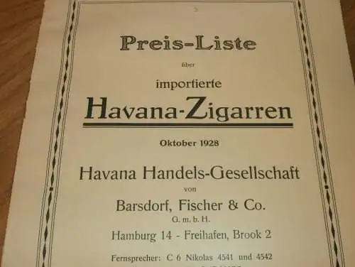 Havana-Zigarren , 1928 , Barsdorf , Fischer & Co. in Hamburg , alter Katalog / Prospekt , Cigarren , Tabak , Reklame !!