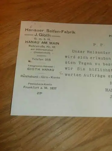 Hanauer Seifenfabrik - J. Gioth in Hanau am Main , 1928 , Drucksache , altes Dokument !!