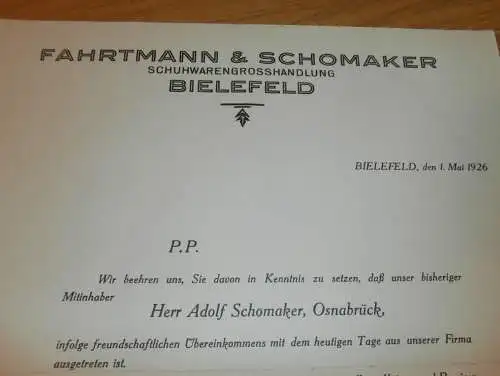 Schuhwarenhandel - Fahrtmann & Schomaker in Bielefeld , 1926 , Schuhe , Reklame / Werbung !!!