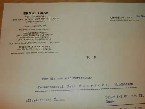Spirituosen und Weinhandel - Ernst Gase in Kassel / Cassel , 1928 , Brennerei Karl Moericke in Nordhausen , Reklame !!!