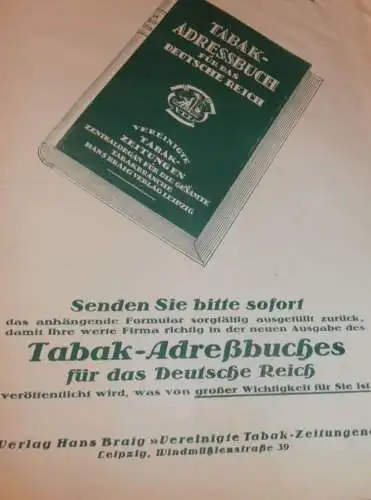 Tabak - Adressbuch - Deutsches Reich ,Hans Braig in Öeipzig , ca.1930, C. Grunenberg in Wormditt / Ostpreussen , Reklame