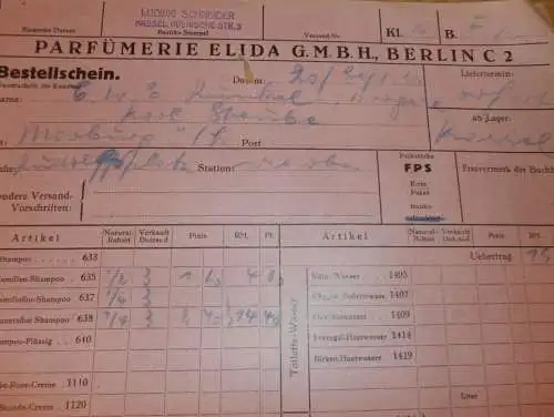 Parfümerie - Elida GmbH in Berlin , 1935 , Parfüm , Shampoo , Creme , alte Rechnung , altes Dokument !!