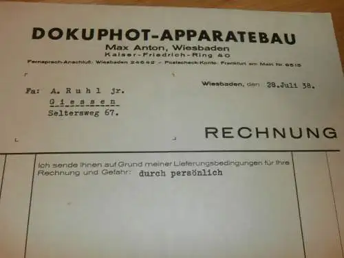 Dokuphot-Apparatebau - Max Anton in Wiesbaden , 1938 , alte Rechnung , altes Dokument !!