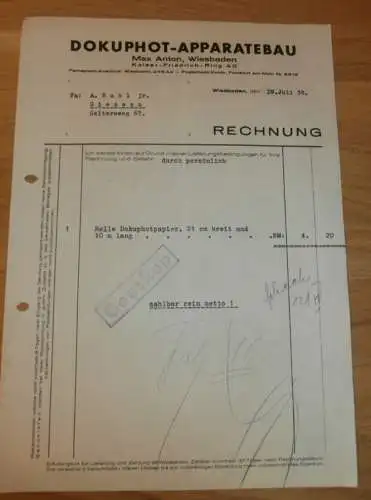 Dokuphot-Apparatebau - Max Anton in Wiesbaden , 1938 , alte Rechnung , altes Dokument !!