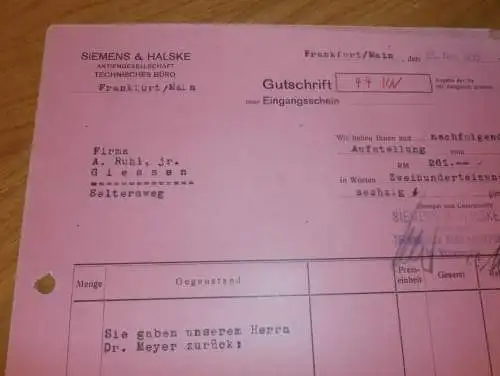 Volksempfänger , 1935 , alte Rechnung von Siemens & Halske AG in Frankfurt a. Main , Radio , altes Dokument !!!
