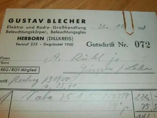 Radio - Grosshandel - Gustav Blecher in Herborn , 1938 , alte Rechnung / Dokument !!