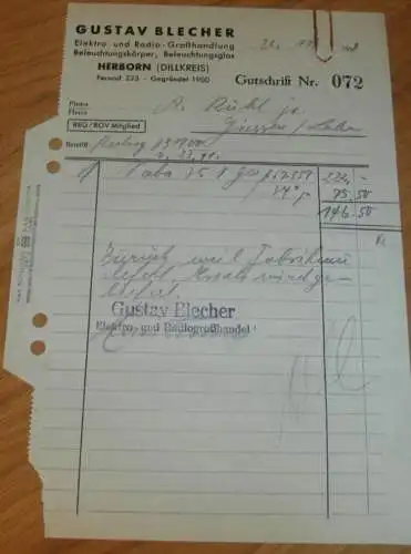 Radio - Grosshandel - Gustav Blecher in Herborn , 1938 , alte Rechnung / Dokument !!