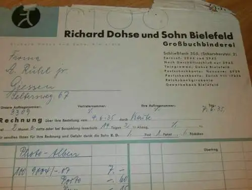Buchbinderei - Richard Dohse und Sohn in Bielefeld , 1935 , altes Dokument / Rechnung !!!
