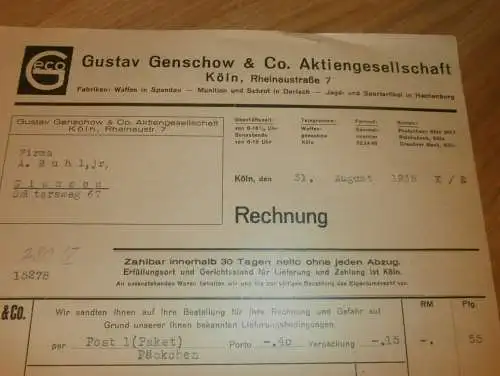 Sportartikel-Fabrik , Gustav Genschow & Co. in Köln , 1935 , altes Dokument / Rechnung !!!