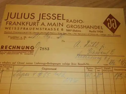 Radio-Grosshandel - Julius Jessel in Frankfurt am Main , 1936 , Inh. Otto , Held und Krissel , alte Rechnung / Dokument