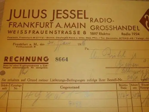 Radio-Grosshandel - Julius Jessel in Frankfurt am Main , 1936 , Inh. Otto , Held und Krissel , alte Rechnung / Dokument